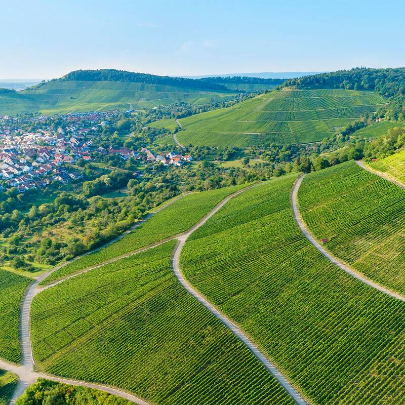 Luftaufnahme von sanft geschwungenen Weinbergen im Vordergrund, die sich bis zu einem idyllischen Dorf erstrecken, umgeben von üppigem Grün und Hügeln im Hintergrund.