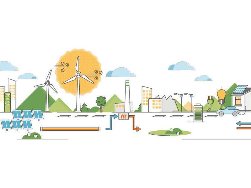 Die Illustration zeigt eine nachhaltige Stadtlandschaft mit Solarpaneelen, Windturbinen und symbolischer Energienutzung durch Pfeile.