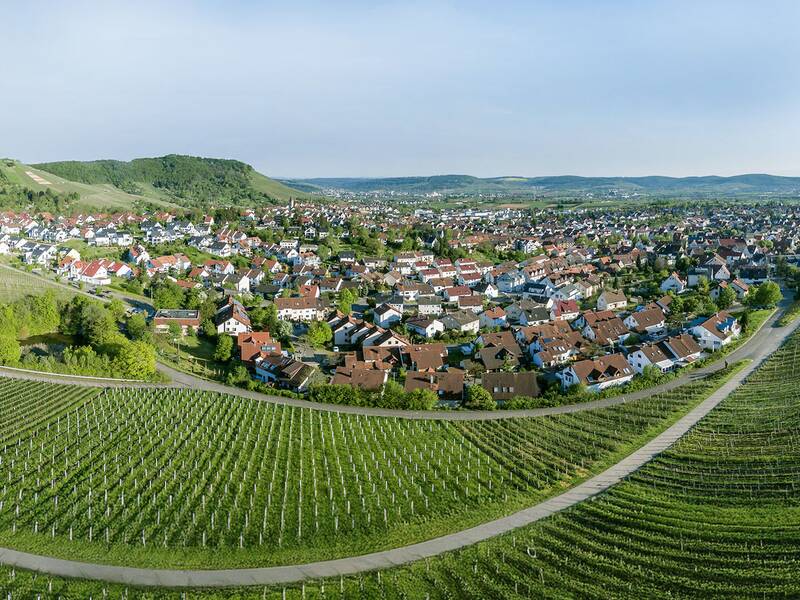 Eine idyllische Stadt mit roten und grauen Dächern erstreckt sich eingebettet zwischen grünen Hügeln und Feldern.