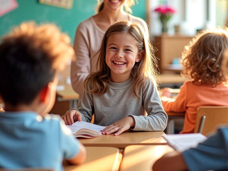 Eine lächelnde Schülerin sitzt mit einem Buch an einem Tisch, umgeben von anderen Kindern in einem Klassenzimmer.