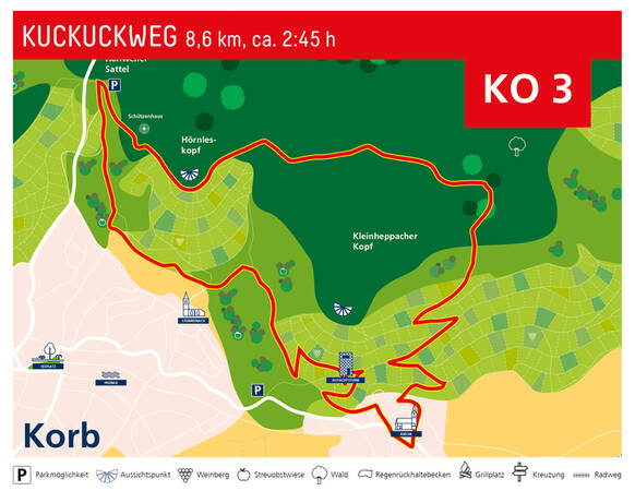 Die Karte zeigt den Kuckucksweg, eine 8,6 km lange Wanderroute um den Hörnleskopf und den Kleinheppacher Kopf bei Korb, mit verschiedenen Symbolen für Sehenswürdigkeiten und Parkmöglichkeiten.