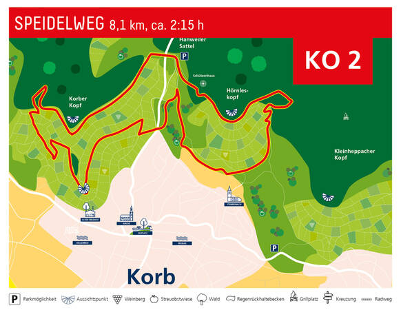 Die Karte zeigt den Speidelweg (8,1 km, ca. 2:15 h) bei Korb, dargestellt durch eine rote Linie, mit Highlights wie Aussichtspunkten, Parkmöglichkeiten, Weinbergen und Wäldern entlang der Route.