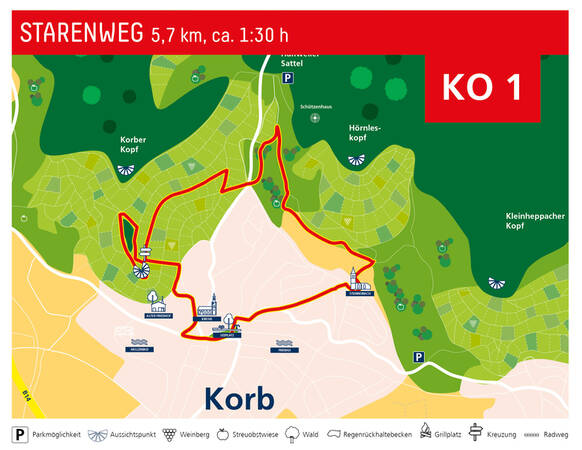 Die Karte zeigt den Wanderweg "Starenweg" mit einer Länge von 5,7 km, markiert durch eine rote Linie, die durch verschiedene Landschaftsformen wie Wälder und Streuobstwiesen in der Umgebung von Korb führt; Symbole kennzeichnen Parkplätze, Aussichtspunkte und andere wichtige Stellen.