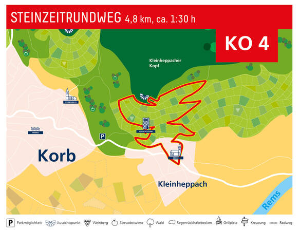 Die Karte zeigt den „STEINZEITRUNDWEG“ mit einer markierten Route von 4,8 km, die durch Kleingartenanlagen und bewaldete Gebiete in der Nähe von Korb und Kleinheppach führt, inklusive Symbole für Parkmöglichkeiten, Aussichtspunkte und andere Merkmale.