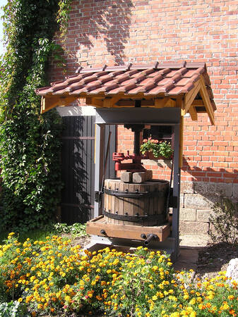 Eine rustikale Weinpresse mit Holzdach steht vor einer Backsteinmauer, umgeben von gelb-orange blühenden Blumen.