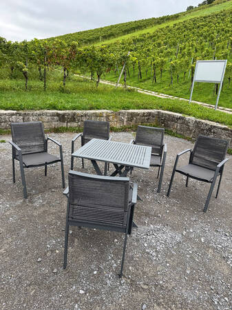Sechs Gartenstühle und ein Tisch stehen auf einer Kiesfläche vor einem Weinberg mit saftig grünen Reben.