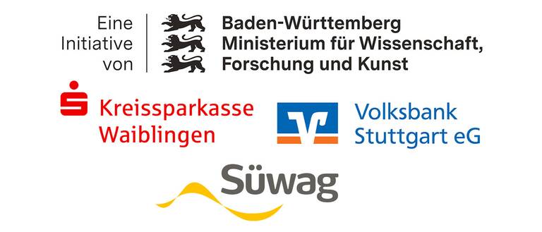 Das Bild zeigt die Logos und Namen von vier Organisationen: das Ministerium für Wissenschaft, Forschung und Kunst Baden-Württemberg, Kreissparkasse Waiblingen, Volksbank Stuttgart eG und Süwag.