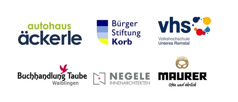 Das Bild zeigt eine Sammlung von sechs verschiedenen Firmenlogos: Autohaus Äckerle, Bürger Stiftung Korb, VHS Unteres Remstal, Buchhandlung Taube Waiblingen, Negele Innenarchitekten und Maurer.