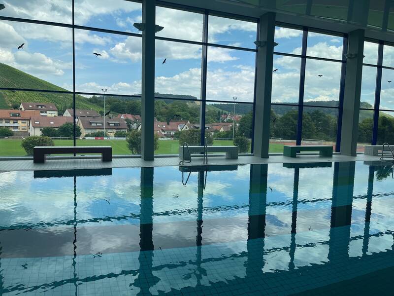 Ein Hallenbad mit einem großen Fenster, das den Blick auf eine grüne Landschaft und Häuser sowie auf die Spiegelung des Himmels im Wasser freigibt.