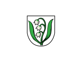 Das Bild zeigt ein Wappen mit einem stilisierten Maiglöckchen, das drei weiße Blüten und grüne Blätter aufweist.