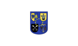 Ein Wappen mit vier Feldern zeigt eine Traube, einen Bienenkorb, einen Heiligen mit einem Kopf in der Hand, zwei gekreuzte Schlüssel und eine Kombination aus einem Pinsel neben einem Pyramidenstapel, umgeben von zwölf gelben Sternen.