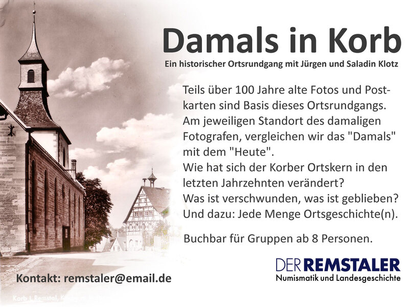 Das Bild zeigt ein informativer Flyer für einen historischen Ortsrundgang in Korb, mit einem Foto einer Kirche und Informationen zur Veranstaltung.