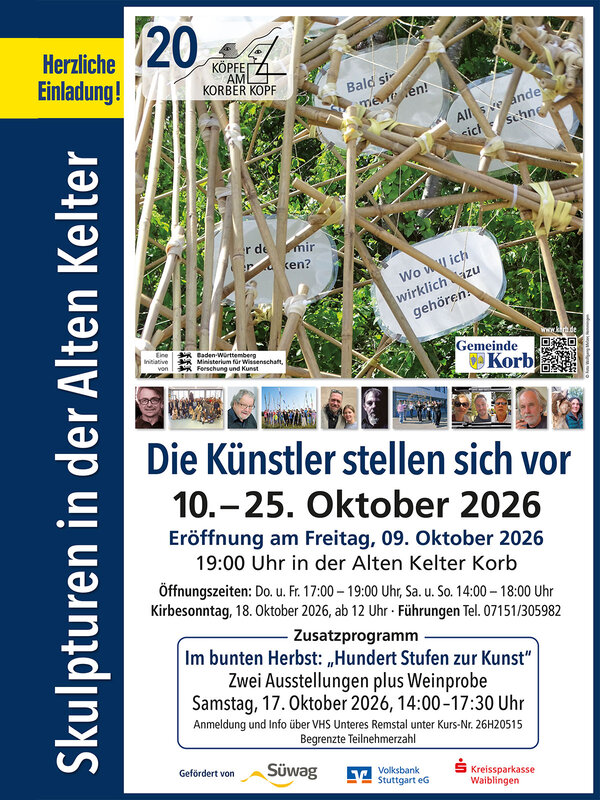 Ein Plakat wirbt für die Skulpturenausstellung "Die Künstler stellen sich vor" vom 10. bis 25. Oktober 2026 in der Alten Kelter Korb, inklusive Eröffnungsveranstaltung und Zusatzprogramm.