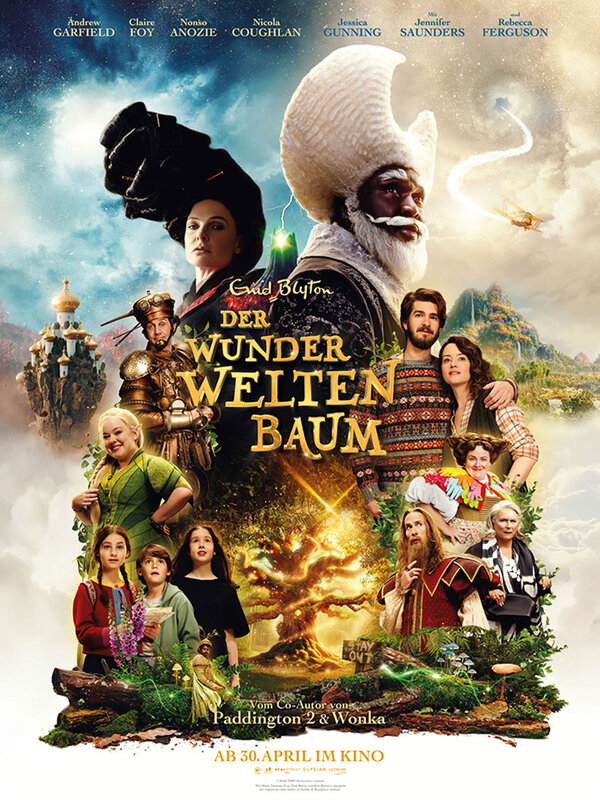 Das Bild zeigt ein farbenfrohes Filmplakat mit verschiedenen Charakteren und fantastischen Landschaften, das den Titel "Der Wunderweltenbaum" trägt.